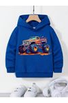 Çocuk Sax Mavisi Car Baskı Kapüşonlu Sweatshirt