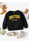 Pamuklu Çocuk Sweatshirt - Siyah Baskılı Kız Erkek Çocuk Kışlık Bisiklet Yaka