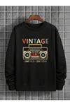 Unisex Siyah Vintage Kaset Baskılı Siyah Bisiklet Yaka Oversize Sweatshirt