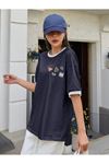 Uncool Parçalı Süprem T-Shirt -  Lacivert Beyaz Oversize Bisiklet Yaka Kısa Kol Tişört