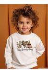 Pamuklu Çocuk Sweatshirt - Beyaz Baskılı Kız Erkek Çocuk Kışlık Bisiklet Yaka