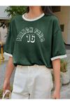 French Paris Parçalı Süprem T-Shirt - Yeşil Beyaz Oversize Bisiklet Yaka Kısa Kol Tişört