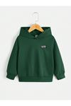 California Pamuklu Çocuk Sweatshirt - Nefti Yeşil Baskılı Kız Erkek Çocuk Kışlık Cepli Kapüşonlu