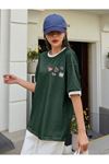 Uncool Parçalı Süprem T-Shirt - Nefti Yeşil Beyaz Oversize Bisiklet Yaka Kısa Kol Tişört