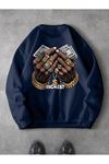 Rıchest Baskılı Bisiklet Yaka Lacivert Sweatshirt - Oversize Unisex Kışlık Kalın