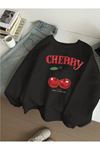 Cherry-Happy-Baskılı Siyah Bisiklet Yaka Sweatshirt - Oversize Unisex Kalın Kışlık