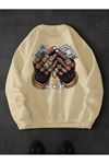 Rıchest Baskılı Bisiklet Yaka Bej Sweatshirt - Oversize Unisex Kışlık Kalın