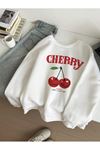 Cherry-Happy-Baskılı Beyaz Bisiklet Yaka Sweatshirt - Oversize Unisex Kalın Kışlık