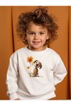 Tatlı Köpek Pamuklu Çocuk Sweatshirt - Beyaz Baskılı Kız Erkek Çocuk Kışlık Bisiklet Yaka