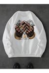 Rıchest Baskılı Bisiklet Yaka Beyaz Sweatshirt - Oversize Unisex Kışlık Kalın