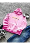 Unisex Pembe Monaco Baskılı Kapüşonlu Oversize Sweatshirt