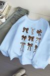 Kurdela Leopar Baskılı Bebe Mavisi Bisiklet Yaka Sweatshirt - Oversize Unisex Kalın Kışlık