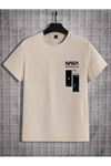Bej Oversize Nasa Baskılı T-shirt - Oversize Baskılı
