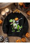 Çocuk Siyah Dino Baskı Bisiklet Yaka Sweatshirt
