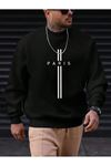 Paris-Dikey-Çift-Çizgi-Baskılı Bisiklet Yaka Siyah Swetshirt - Oversize Unisex Kalın Kışlık