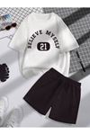 Believe 21 T-Shirt Şort - Beyaz Siyah Alt Üst Takım Şort Tişört Kombin Baskılı Bisiklet Yaka