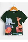 Hayvanlar Pamuklu Çocuk T-Shirt - Nefti Yeşil Baskılı Kız Erkek Çocuk Yazlık Bisiklet Yaka Tişört