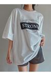 Strong Süprem T-Shirt - Beyaz Baskılı Oversize Bisiklet Yaka Tişört