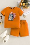 Minik Kedi Çocuk Takım T-Shirt Şort - Turuncu Baskı Kız Çocuk Yazlık Bisiklet Yaka