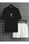 Geyik Logo T-Shirt Şort - Siyah Beyaz Alt Üst Takım Şort Tişört Kombin Baskılı Bisiklet Yaka