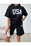 USA T-Shirt Şort - Alt Üst Takım Şort Tişört Kombin Baskılı Bisiklet Yaka