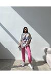 Art Baskılı Beyaz T-shirt Pembe Eşofman Altı Jogger-baskılı Eşofman Takım Oversize Bisiklet Yaka