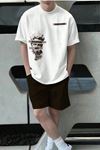 Art T-Shirt Şort - Beyaz Kahve Alt Üst Takım Şort Tişört Kombin Baskılı Bisiklet Yaka