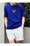 Geyik Logo T-Shirt Şort - Sax Mavi Beyaz Alt Üst Takım Şort Tişört Kombin Baskılı Bisiklet Yaka