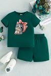 Minik Kedi Çocuk Takım T-Shirt Şort - Nefti Yeşil Baskı Kız Çocuk Yazlık Bisiklet Yaka
