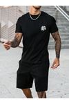 B Logo T-Shirt Şort - Siyah Alt Üst Takım Şort Tişört Kombin Baskılı Bisiklet Yaka