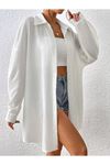 Kadın Oversize Uzun Gömlek - Beyaz Düz Uzun Gömlek