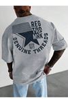 Genuıne Threads Oversize Gri Baskılı T-shirt - Bisiklet Yaka Kısa Kol Rahat Kalıp Tişört