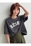 Retro T-Shirt - Füme Baskılı Oversize Bisiklet Yaka Kısa Kol Tişört