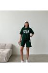 USA T-Shirt Şort - Alt Üst Takım Şort Tişört Kombin Baskılı Bisiklet Yaka