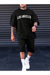 Los Angeles T-Shirt Şort - Siyah Alt Üst Takım Şort Tişört Kombin Baskılı Bisiklet Yaka