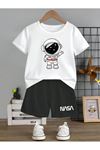 Beyaz T-shirt Astronot Baskılı Siyah Şort Nasa Baskılı Çocuk Takım-kız Erkek Yazlık Bisiklet Yaka