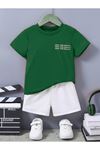 Ideal Baskılı Pamuklu Çocuk Beyaz Şort Yeşil T-shirt Takım -kız Erkek Çocuk Yazlık Bisiklet Yaka