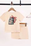 Minik Kedi Çocuk Takım T-Shirt Şort - Bej Baskı Kız Çocuk Yazlık Bisiklet Yaka