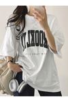 Brooklyn Letter Süprem T-Shirt - Beyaz Baskılı Oversize Bisiklet Yaka Tişört