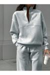 Basic Düz Fermuarlı Eşofman Takımı Sweatshirt Jogger - Gri Oversize Şardonlu Dik Yaka