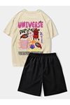 Universe Rocket T-Shirt Şort - Bej Siyah Alt Üst Takım Şort Tişört Kombin Baskılı Bisiklet Yaka