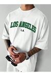 Los Angeles L.A Süprem T-Shirt - Beyaz Baskılı Oversize Bisiklet Yaka Tişört