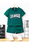 Los Angeles Pamuklu Çocuk Takım T-Shirt Şort - Nefti Baskılı Kız Erkek Çocuk Yazlık Bisiklet Yaka