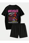 Universe Rocket T-Shirt Şort - Siyah Alt Üst Takım Şort Tişört Kombin Baskılı Bisiklet Yaka