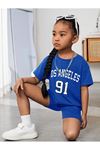 Los Angeles 91 Pamuk Çocuk Takım T-Shirt Şort - Sax Mavi Baskı Kız Erkek Çocuk Yazlık Bisiklet Yaka
