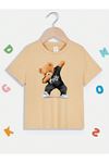 Cool Ayı Pamuklu Çocuk T-Shirt - Bej Baskılı Kız Erkek Çocuk Yazlık Bisiklet Yaka Tişört