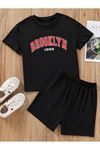 Brooklyn 1898 T-Shirt Şort - Siyah Alt Üst Takım Şort Tişört Kombin Baskılı Bisiklet Yaka