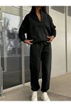 Basic Düz Fermuarlı Eşofman Takımı Sweatshirt Jogger - Siyah Oversize Şardonlu Dik Yaka