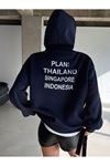 Plain Thailand Sweatshirt - Lacivert Baskılı Oversize Kışlık Kalın Kapüşonlu