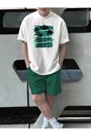 Beach Adventure T-Shirt Şort - Beyaz Yeşil Alt Üst Takım Şort Tişört Kombin Baskılı Bisiklet Yaka